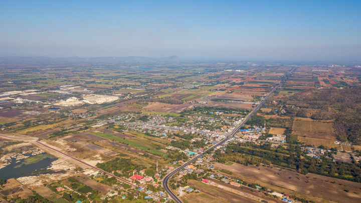 Aerial view of countryside with community at Lop Buri, Thailand. Landuse planning